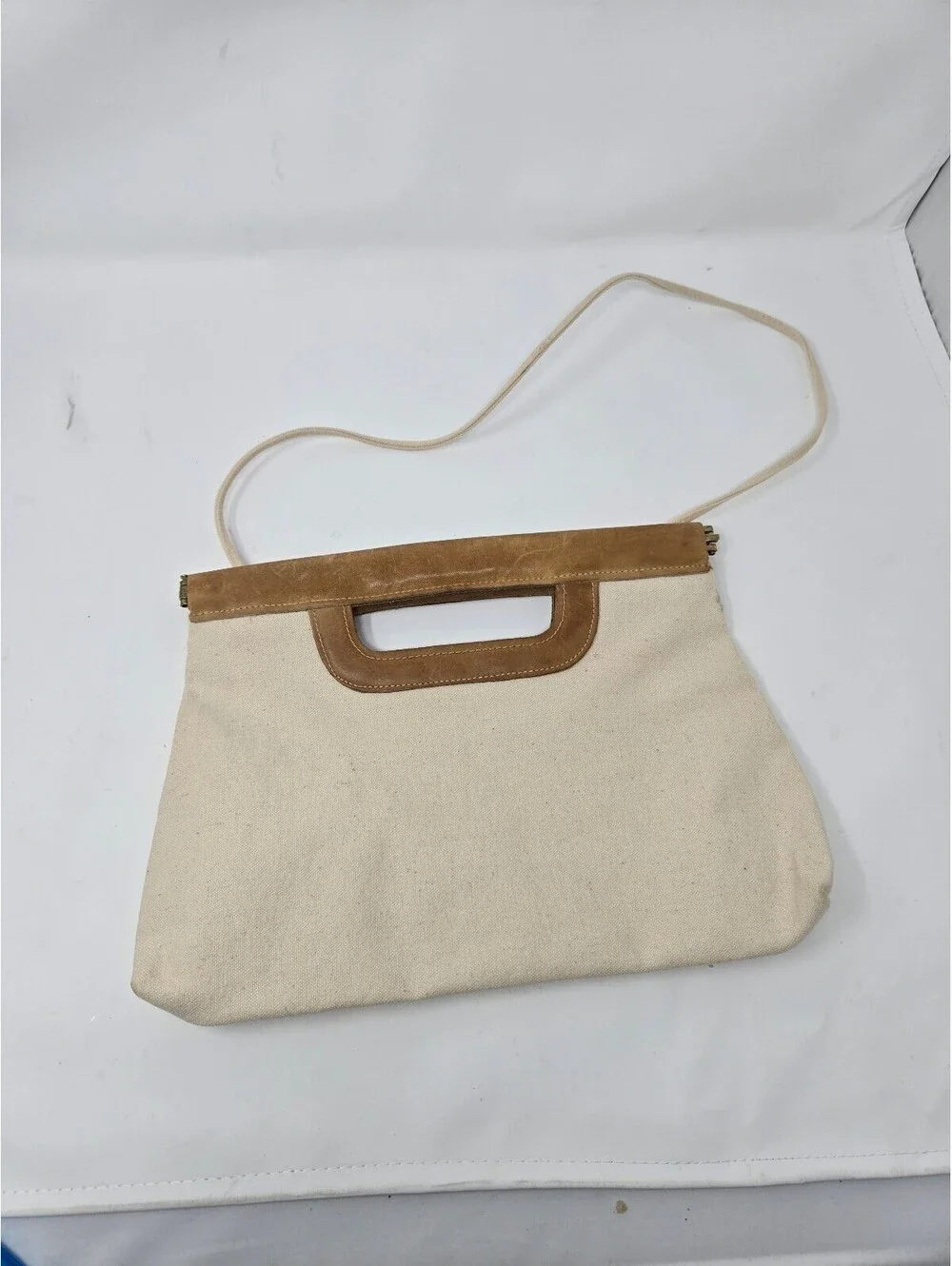 Vintage 1970s Boho Cream Canvas Convertible Clutch Shoulder Bag